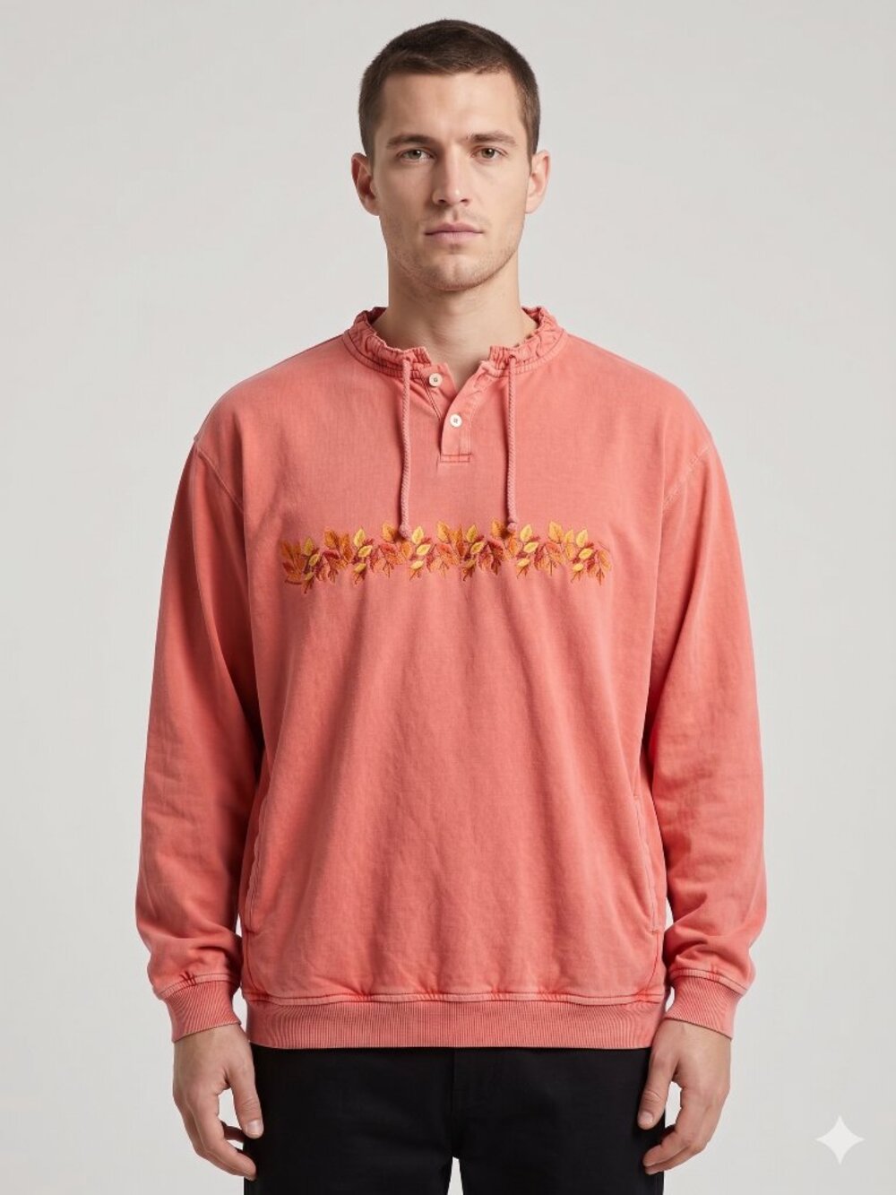 Crazy Shirts Pumpkin Dyed Embroidered Leaves Henley Pullover Sweatshirt XL